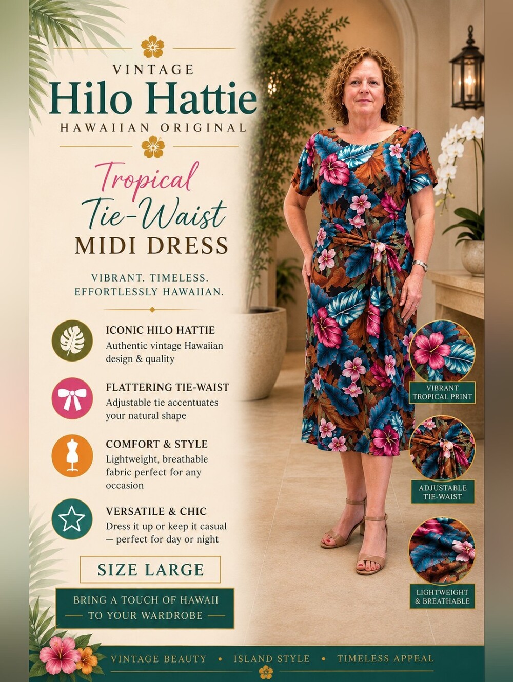 Vintage Hilo Hattie Teal, Pink & Brown Tropical Tie-Waist Midi Dress